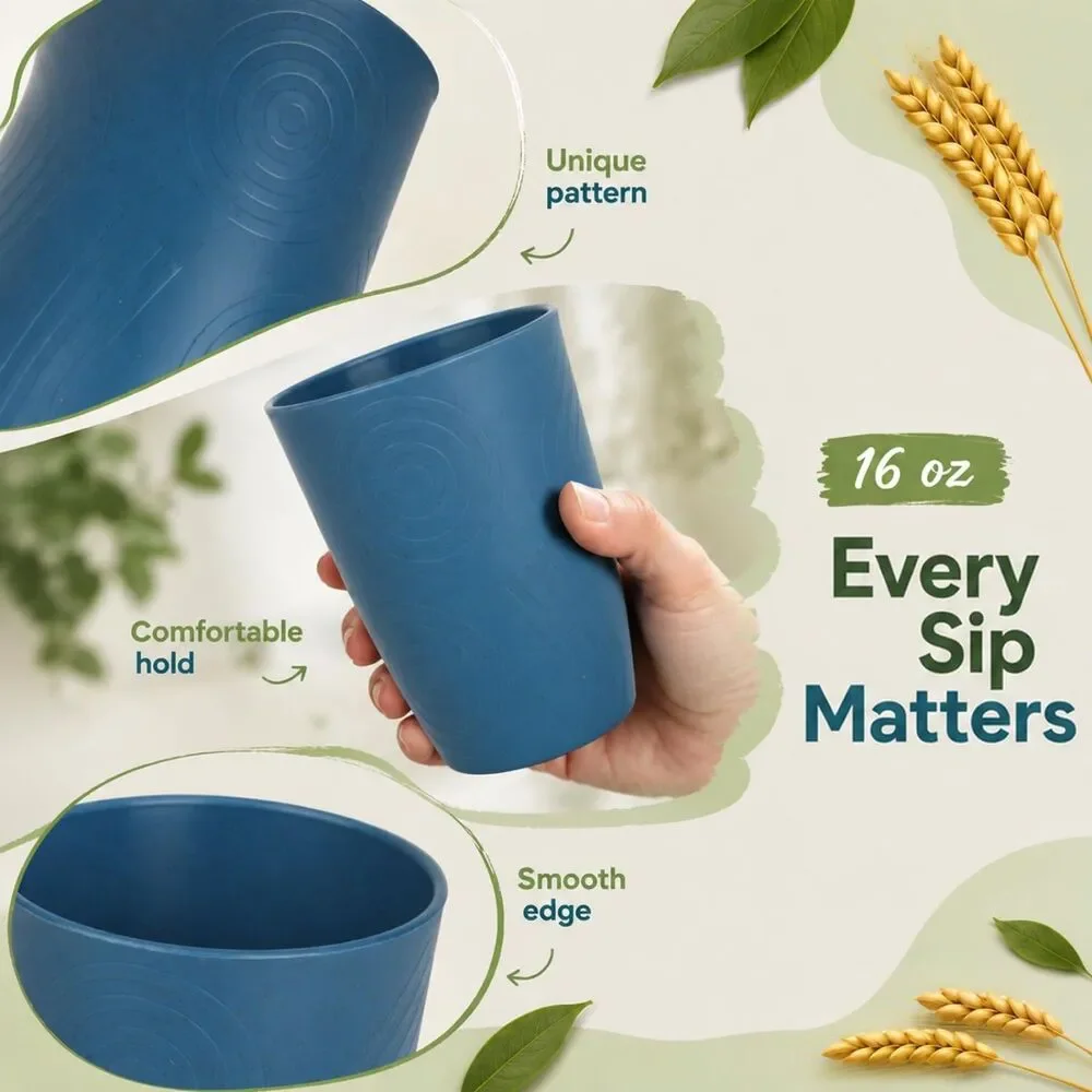 16oz Wheat Straw Cups Set of 8 Reusable Unbreakable Dishwasher Safe Multicolor